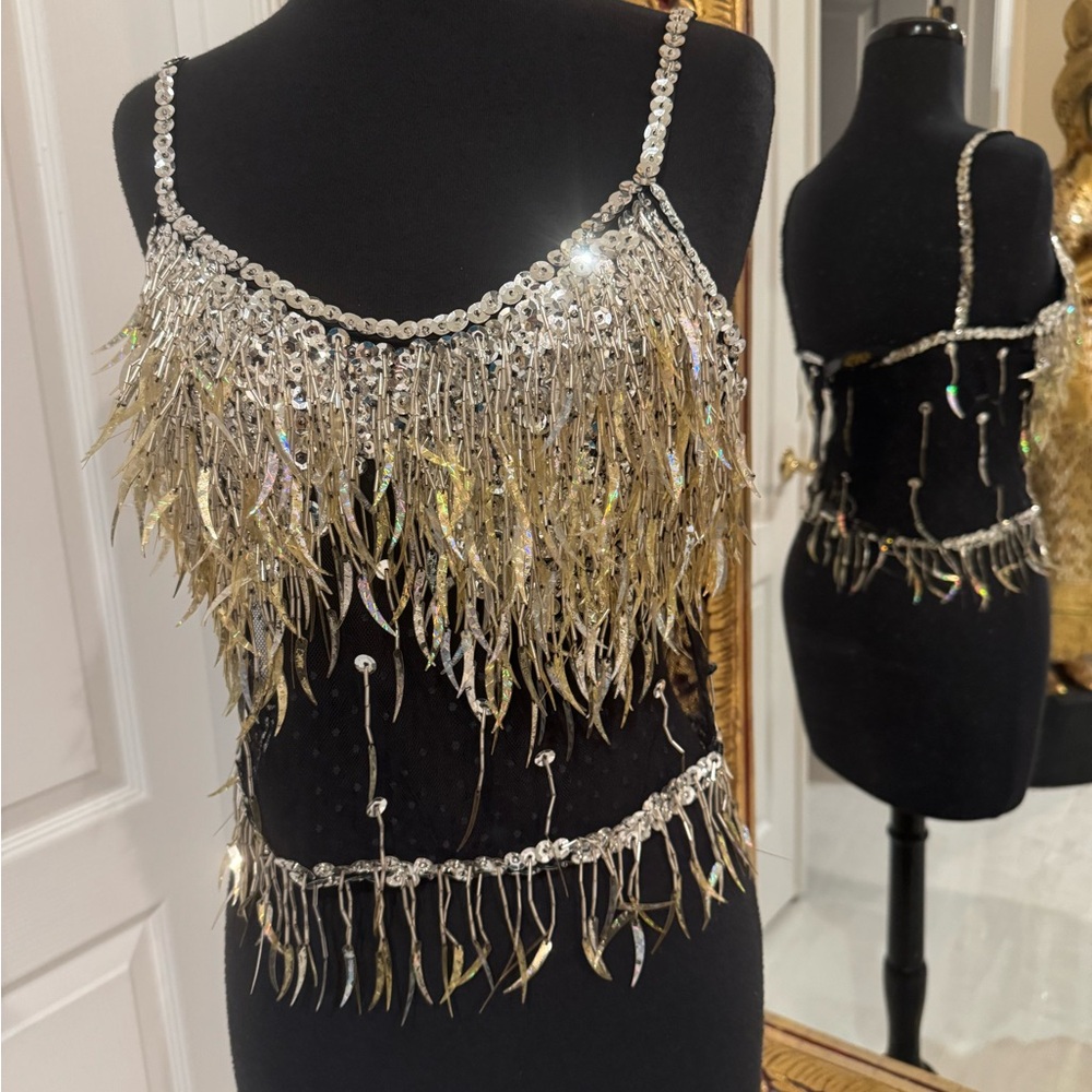 Sequin Fringe Black camisole, sheer middle and‎ back Top